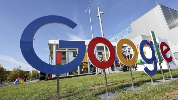 A Google logo outside the Google Cloud data center ahead of its ceremonial opening in Hanau, Germany, on Friday, Oct. 6, 2023. Microsoft Corp., Alphabet Inc.'s Google and ChatGPT maker OpenAI use cloud computing that relies on thousands of chips inside servers in massive data centers across the globe to train AI algorithms called models, analyzing data to help them learn to perform tasks.