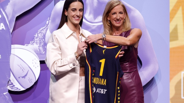 <p>Caitlin Clark after being selected first overall pick by the Indiana Fever during the 2024 WNBA Draft at Brooklyn Academy of Music in New York on April 15.</p>