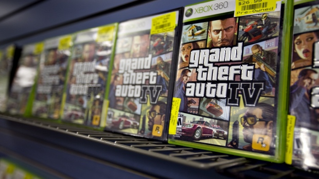 Copies of Take-Two Interactive Software Inc.'s "Grand Theft Auto IV" video game sit on display at GameStop in New York, US. Photographer: Daniel Acker/Bloomberg