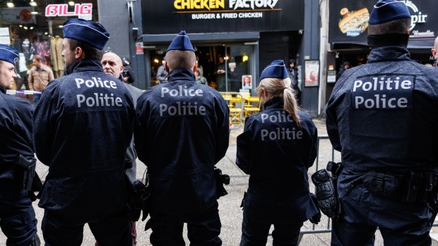 Belgian Police block the entrance to the national conservatism conference of the Claridge hotel in Brussels on April 16. Photographer: Simon Wohlfahrt/AFP/Getty Images