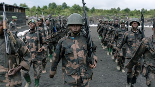 <p>Armed Forces of the Democratic Republic of the Congo (FARDC) training at the Mubambiro camp in North Kivu province, eastern Democratic Republic of Congo, on April 11.</p>