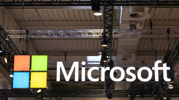 The Microsoft Corp. logo at the company's booth at the Hannover Messe 2024 trade fair in Hannover, Germany, on Monday, April 22, 2024. German Chancellor Olaf Scholz is optimistic on his country's economic prospects, citing record employment and slowing inflation thanks to falling energy costs.
