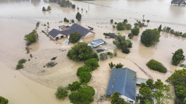 Flooding caused by Cyclone Gabrielle in Awatoto, near the city of Napier on Feb. 14, 2023. Photographer: STR/AFP/Getty Images